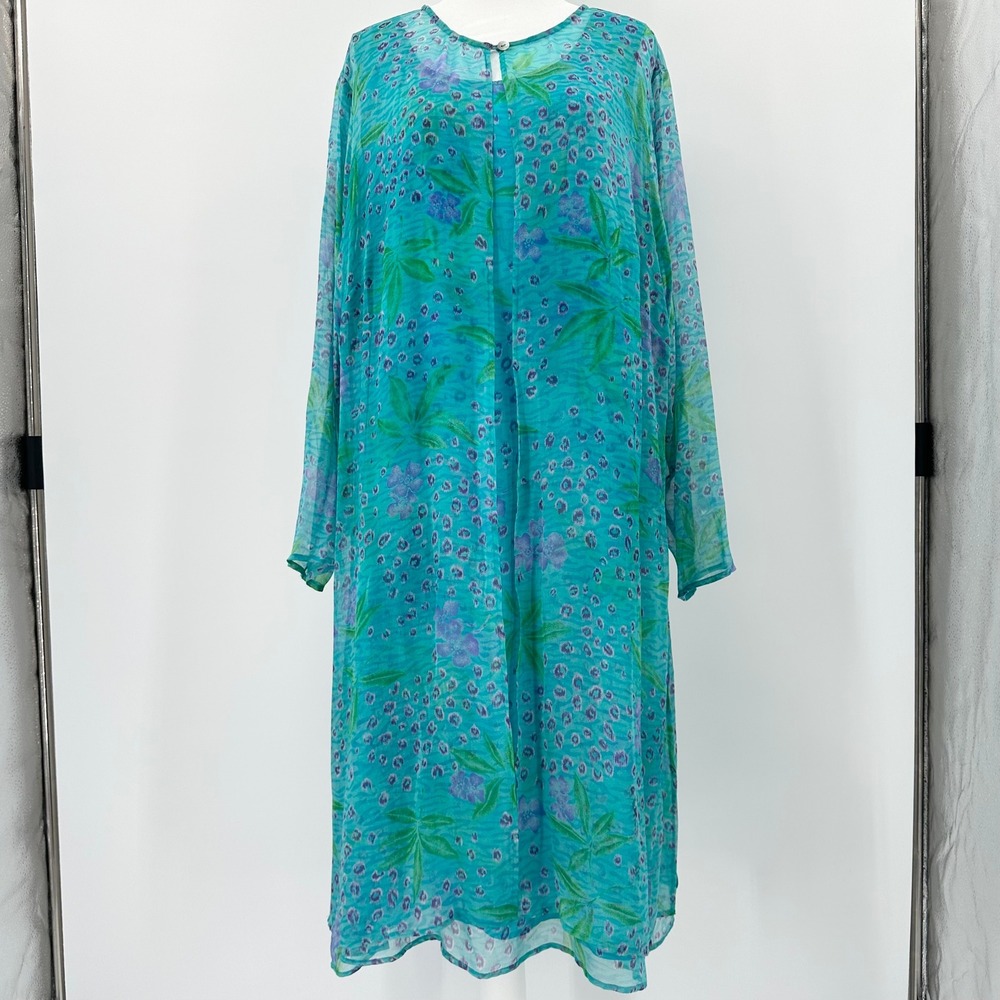Robbie Bee 2 Piece Silk Dress Set Maxi Duster Teal Floral 18W Vintage 90's